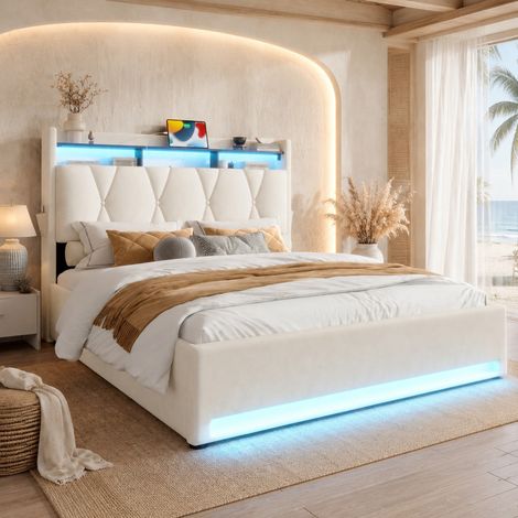 Letto adulto 140x200 cm in velluto beige con contenitore, senza materasso FloraGrace (1/5)