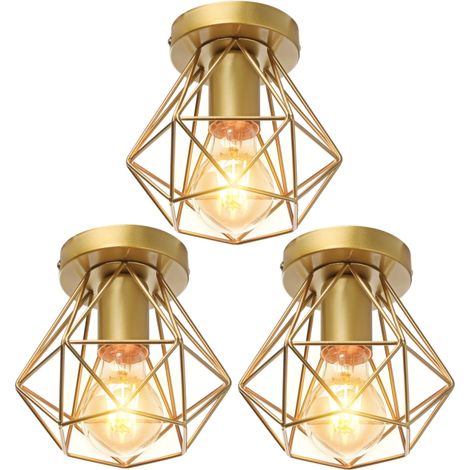 3 Piezas Lámpara de Techo Vintage Industrial Lámpara Colgante Pantalla Jaula Plafón Iluminación Plafón Metal Dorado Ø16cm