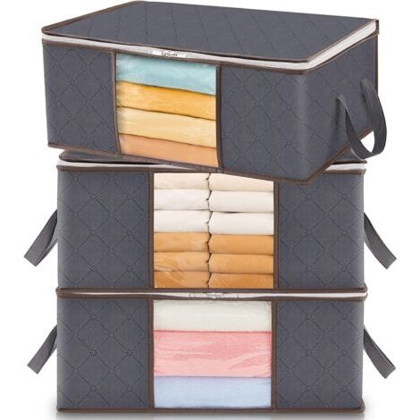 Set di 3 sacchi portaoggetti per vestiti, 35 litri, contenitore pieghevole da riporre sotto il letto, organizer per copripiumino, tessuto resistente con finestra trasparente per i vestiti, grigio (1/5)