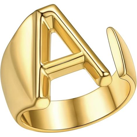 Bague manchette tendance en plaqué or 18 carats avec initiale personnalisable, lettres de l'alphabet de A à Z, taille ajustable (avec coffret cadeau) (1/5)
