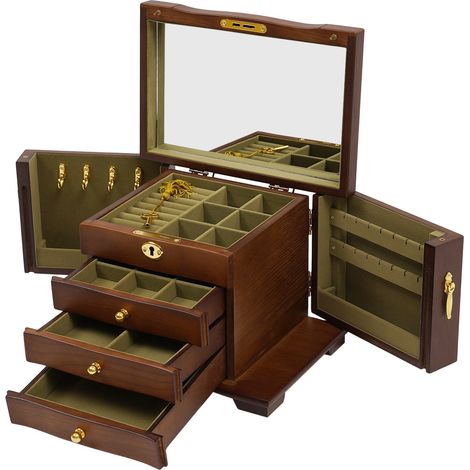 Caja organizadora para joyas de mujer - Organizador con 4 cajones con cerradura y espejo - Caja para collares, anillos, pulseras y pendientes (1/5)