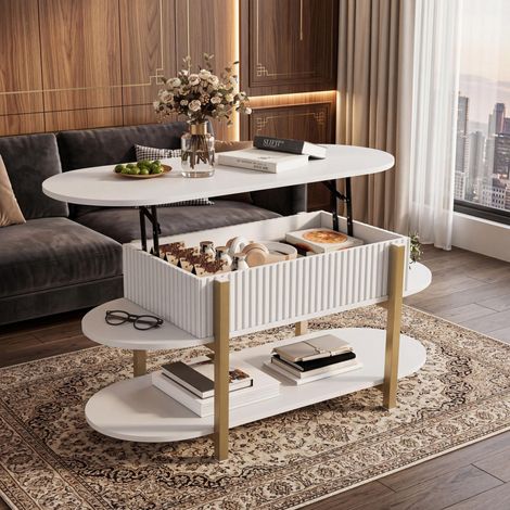Tavolino da salotto sollevabile - 106 x 45 x 50 cm - con contenitore nascosto e ripiano aperto piano ovale - mdf stile moderno - bianco (1/5)