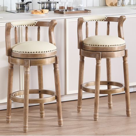 Taburete de bar giratorio 360° en cuero y madera, con respaldo, blanco, OKWISH (1/5)