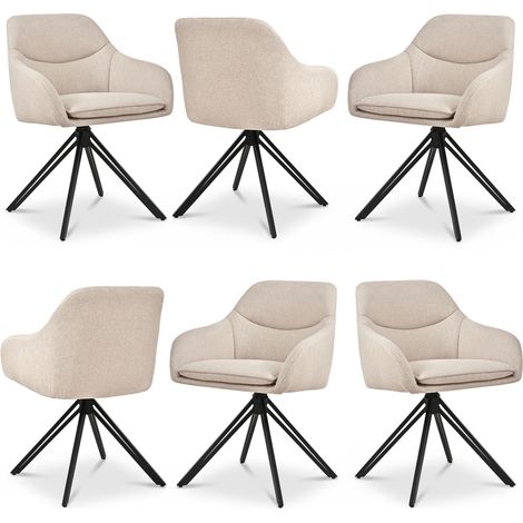 Bon Furni Fauteuils de Salle à Manger Pivotants en tissu texturé beige, Pieds Métal Noir, Lot de 6