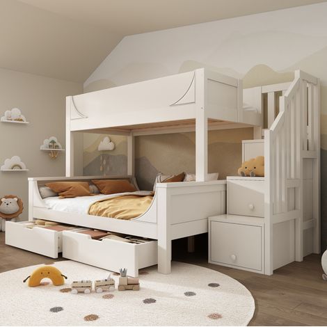 Lit superposé enfant 90x200/140x200 cm en bois blanc, gain de place, sans matelas – MEUBLIV (1/5)