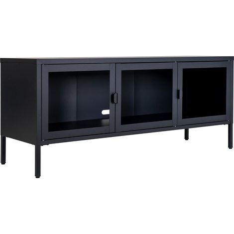 HENDRA - Meuble TV 3 Portes Verre et Acier Noir (1/4)