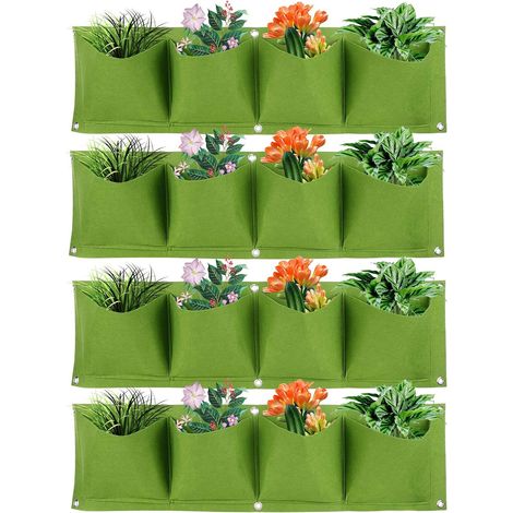 Sacs de Plantes Suspendus, 4 Pièces 79,5x22 cm Réutilisables 4 Poches Sacs de Plantation Muraux en Feutre Poche de Culture de Fleurs de Jardinière Suspendue pour Décor de Clôture (Verte) (1/5)