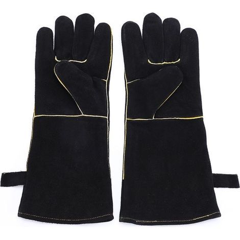 Ofenhandschuhe, Grillhandschuhe aus Leder, 40 cm lange, universelle, hitzebeständige Küchenhandschuhe, ideal zum Grillen, Kochen und für BBQ, Schwarz (1/5)