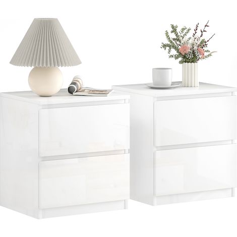 HOMCOM set de 2 mesitas de noche modernas con 2 cajones mesas auxiliares para dormitorio salón 40x34x45 cm blanco brillo (1/5)