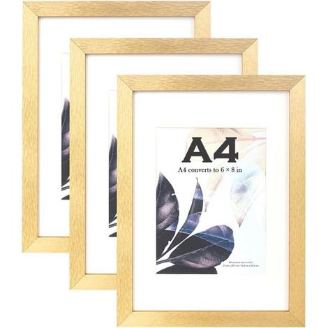 Goldene Holz-Bilderrahmen A4 3er-Set mit Passepartout, Wandmontage & Aufsteller (1/5)