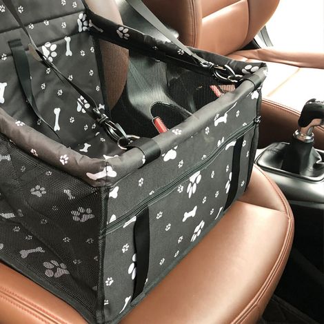 Siège rehausseur de voiture pour animaux de compagnie, respirant, lavable, facile à monter et portable, pour chiens et chats. Motif empreintes d'os noirs. Barre de soutien renforcée. (1/3)