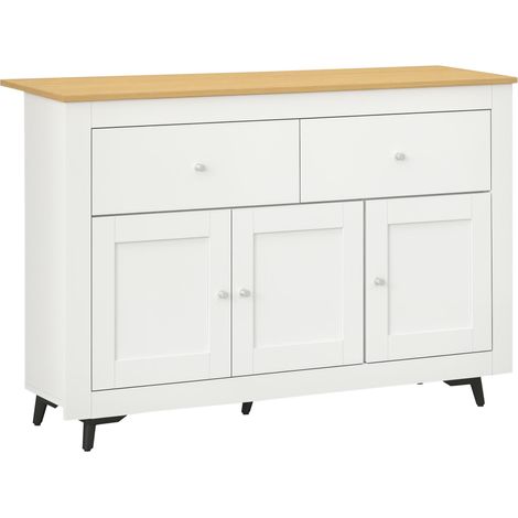 Buffet en bois avec 2 tiroirs et 2 placards, 117 x 35 x 80 cm, blanc et bois. (1/5)