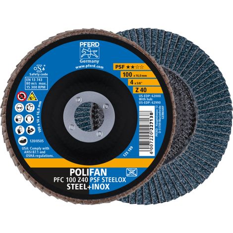 PFERD TOOLS POLIFAN Fächerscheibe PFC 100x16 mm konisch Z40 Universallinie PSF STEELOX Stahl/Edelstahl 10 Stk (1/4)
