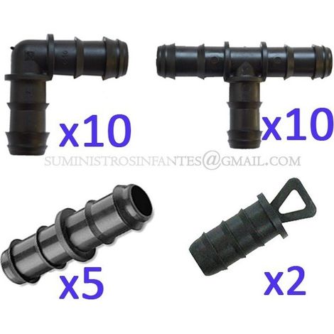 Suinga – Pack d'irrigation goutte à goutte 16mm – 10 tés, 10 coudes, 5 jonctions, 2 bouchons – Compatible avec systèmes 16mm – Installation simple sans outils