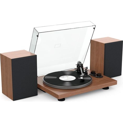 Platine Vinyle Système Hi-FI avec Enceintes d'étagère 40 W, lecteurs de Vinyle Bluetooth avec Plateau en Aluminium, entraînement par Courroie 2 Vitesses contrepoids réglable AT-3600L Marron (1/5)
