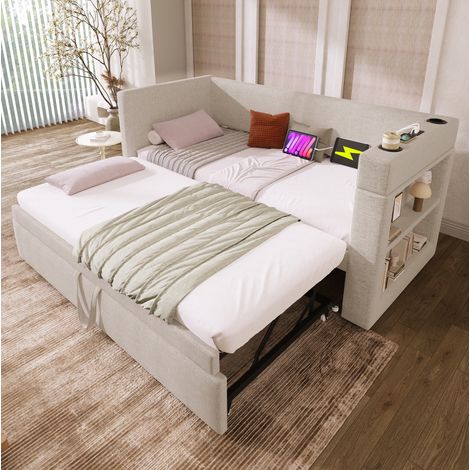 Sofá cama 90x190 cm beige en mezcla de algodón y lino con cama nido y puertos USB (1/5)