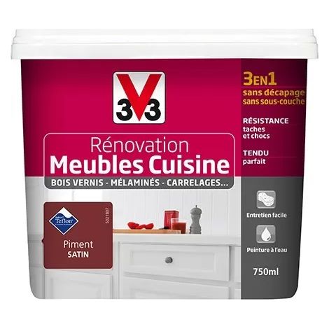 V33 – Peinture acrylique satin pour meubles et carrelages – Résistante aux tâches et chocs – Application sans sous-couche – 0,75 L Piment