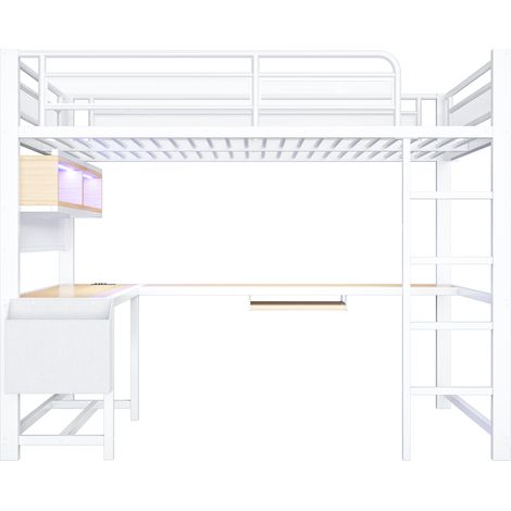 Lit mezzanine gaming 140x200 cm avec bureau, rangement, LED et prises USB blanc (1/5)