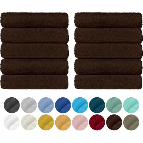 Set 10 Teli Asciugamani In Cotone Professionali 50 x 95 Cm Vari Colori Qualità Hotel 350Gr Salviette Tinta Unita Salvietta Spugna Albergo Marrone (1/5)