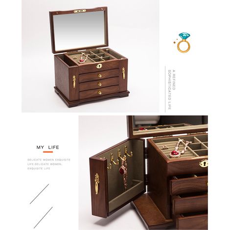 Große Schmuckaufbewahrungsbox aus Holz mit Schloss und Schlüssel, Organizer für Ringe, Ohrringe und Armbänder mit Spiegel (1/5)