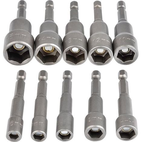 10-Piece Magnetic Hex Socket Set, 6-15mm Impact Driver Sockets, Magnetic Hex Socket Wrench Set, 1/4" Hex Socket Adapter Tool (1/5)