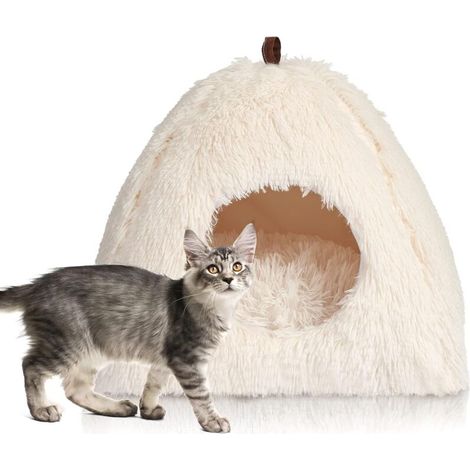 Chat Lit Coussin pour Chat avec Oreiller Doux lit de Chat Panier Lit pour Chat Lavable en Tissu Peluche Couffin Chien Beige (40 x 40 x 37 cm) (1/5)