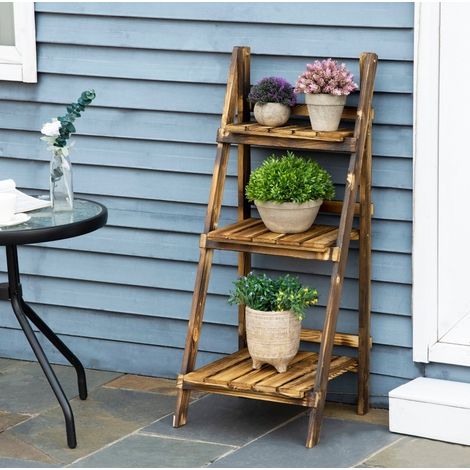 Soporte para plantas 40x37x93 cm marrón de madera con diseño plegable y 3 niveles (1/4)