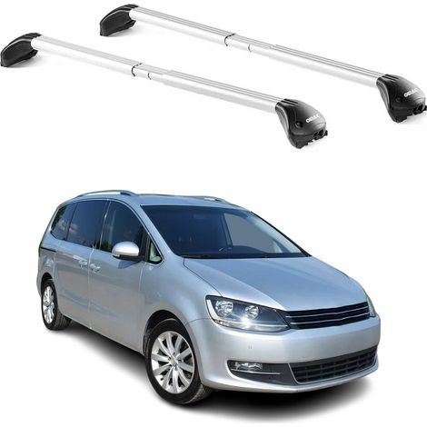 OMAC Barres de toit transversales certifiées TÜV pour VW Sharan II 2010-2023 – Verrouillables (4 antivols) – Charge max 100 kg – Sangle inox + protection caoutchouc Argent (1/4)