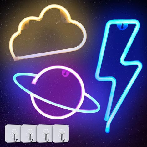 Neon Light Sign, 3 Pcs Eclair Planète Nuage Space Neon Sign Batterie USB Neon Sign Light Néon Signe Planète Lampe pour Chambre à Coucher Salle de Jeux Bar Fête Pépinière Fête d'anniversaire (1/5)