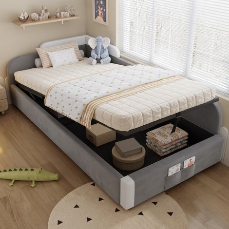 Letto contenitore bambini 90 x 200 cm idraulico in velluto grigio HAVRYA (1/5)