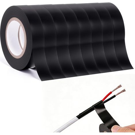 Lot de 8 rouleaux de ruban adhésif électrique noir - 18 mm x 6 m - Ruban isolant électrique imperméable en PVC noir - Pour isoler, réparer et protéger les fils électriques (1/5)