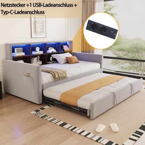 Canapé-lit 90x190 cm, tête de lit avec rangements intégrés, bande lumineuse LED et prises de chargement, lit gigogne, velours, gris clair (1/5)