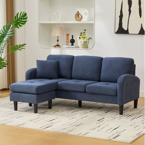 REDOM - Sofá esquinero modular 166x118x77 cm, chaise longue a izquierda o derecha, asiento cómodo, tejido cord, espuma, azul (1/5)