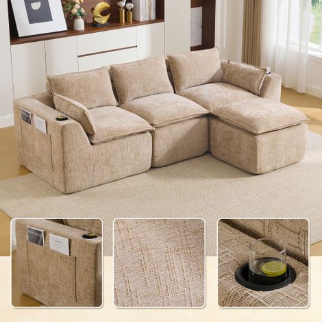 Modulares 3-Sitzer-Sofa + Fußhocker, inklusive Kissen, Getränkehalter und 2 Seitentaschen. Mit einer Füllung aus Schaumstoff und Federkern. Ideal für Wohnzimmer (khaki-farbener Chenille-Stoff)