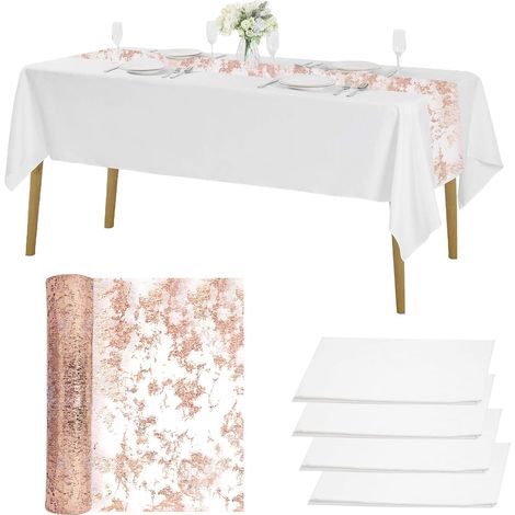 4 Pièces Nappe Blanche Jetable 137 x 274 cm pour Anniversaire, Banquet avec 1 Rouleau de Chemin de Table Rose Gold de 28 cm x 10 m, Nappe Rectangulaire Blanche, Nappes Jetables Imperméable en PEVE (1/5)