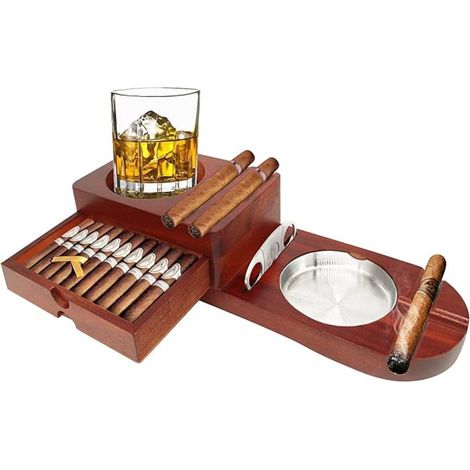 1 Cendrier avec support verre whisky, tiroir coupe-cigare, fente rangement cigare, design élégant, pour bar ou bureau (1/5)