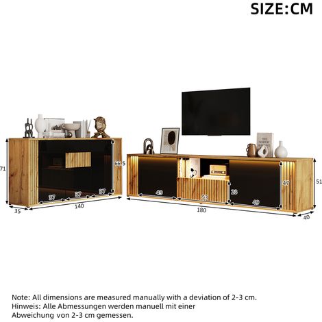 Un meuble TV à deux portes et un tiroir (180×40×51cm) + un buffet à trois portes pour le salon (140×35×71cm), ensemble deux pièces, noir et bois, adapté à un téléviseur de 75 pouces. (1/5)