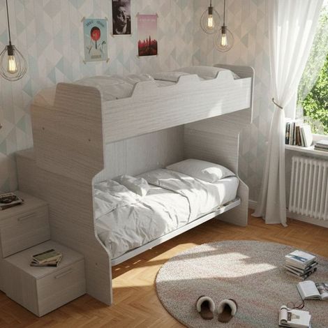 Letto a castello salvaspazio con scala a cassettoni e camminatoio - Rovere rock