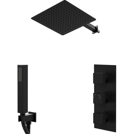 Colore Square Matt Black Concealed Triple Thermostatic Shower Valve and 300mm Fixed Head with 345mm Wall Arm and Outlet Holder with Kit - 2 Outlet (1/5)