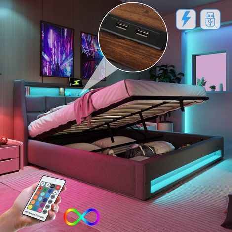 Lit double 140x200 cm avec led, port usb et sommier métal, structure en tissu lin, sans matelas (1/5)