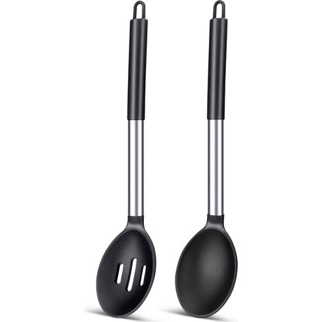 Set mit 2 großen Silikon-Küchenlöffeln, robuste, antihaftbeschichtete Löffel zum Braten und Backen, hitzebeständige Küchenutensilien zum Mischen (1/5)