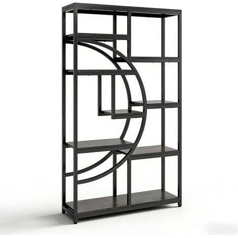 Bibliothèque en métal avec 9 étagères ouvertes, design géométrique demi-lune, noir (1/5)