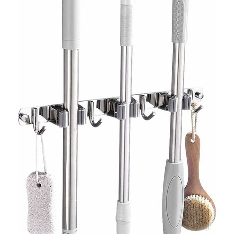 Broom Mop Stainless Steel Holder Wall Mounted, for Kitchen,Garden, Garage, Office, Laundry Bathroom (3 Racks 4 Hooks)