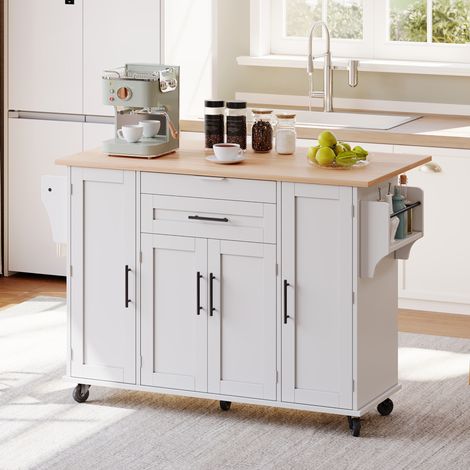 Mueble cocina móvil con isla extensible blanco natural OKMYHOME (1/5)