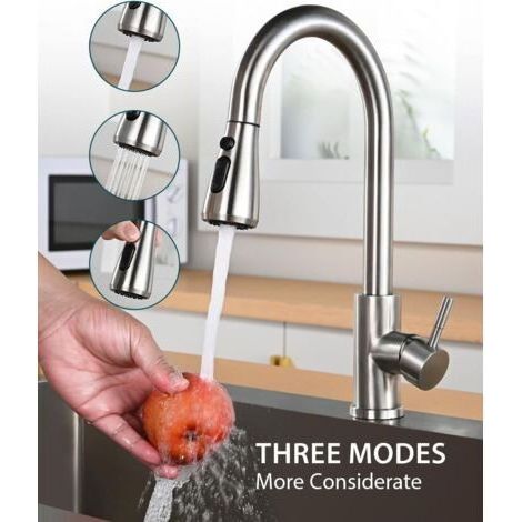 Robinet de cuisine en acier inoxydable avec douchette extractible, robinet d'évier de cuisine à poignée unique en nickel brossé à arc élevé (1/3)