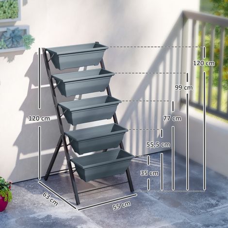 Jardinière verticale surélevée 5 bacs drainage cadre acier gris (1/5)