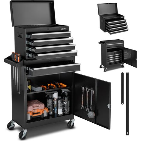 Servante d'Atelier avec Coffre Amovible, Armoire à Outils Mobile 2 en 1, Organiseur 5 Tiroirs Roulettes Verrouillables, Barre de Verrouillage, Chariot de Rangement pour Garage, Entrepôt, Atelier (1/5)