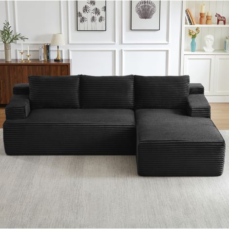 Canapé d'angle en velours côtelé noir, confort moelleux avec mousse et ressorts ensachés, sans montage, idéal pour le salon, la chambre ou un appartement – CHICFURN (1/5)