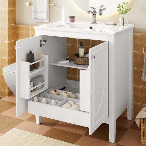 Buffet de bain blanc au sol 76×46,5×88,5 cm, rangement dans la porte, vasque intégrée, lignes courbes symétriques et poignées métalliques (1/5)
