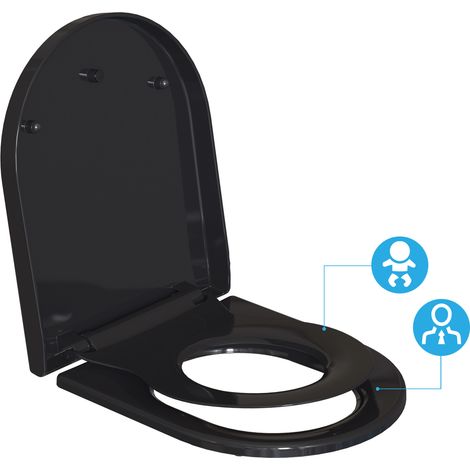 Abattant WC Familial Forme en D, Lunette de Toilette avec Siège Enfant Magnétique, Frein de Chute et Charnière Réglable, Siège de Toilette pour Adultes et Enfants, Démontage Rapide - Noir